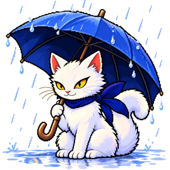 BizCat sheltering under an umbrella in the rain