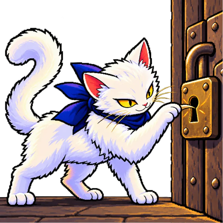 BizCat unlocking a wooden door