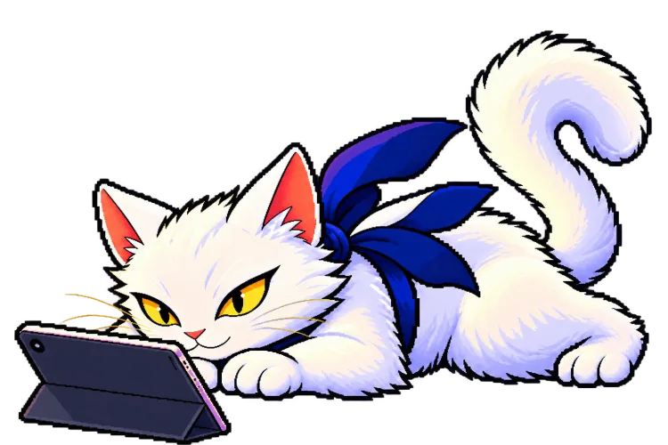 BizCat lying down reading on a tablet