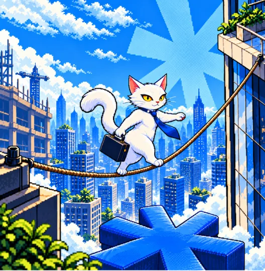 BizCat balancing on a tightrope between skyscrapers, briefcase in hand