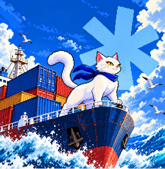 BizCat steering a cargo ship through a storm