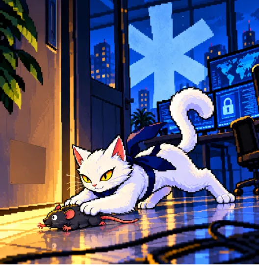 BizCat chasing a digital rat across computer screens
